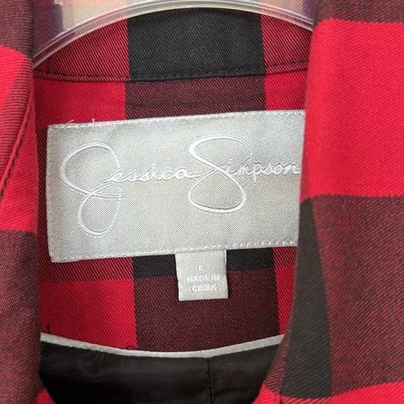 Jessica Simpson Buffalo Plaid Red Black Belted Coat Long Christmas Trench Jacket - Picture 6 of 15